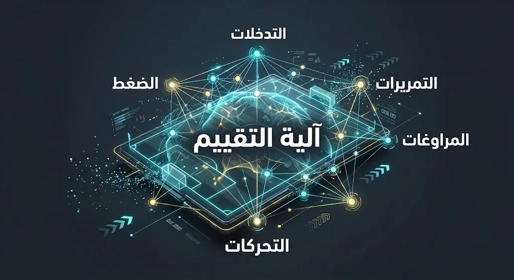 رسم توضيحي لخوارزمية احتساب نقاط التأثير للاعبين مبيناً العناصر الخمسة: التمريرات، التدخلات، المراوغات، الضغط، والتحركات.