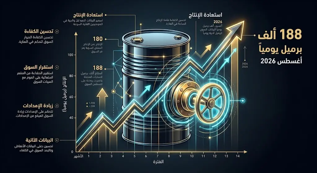 رسم بياني يوضح آلية استعادة إنتاج النفط بزيادة قدرها 188 ألف برميل يومياً بدءاً من أغسطس 2026.