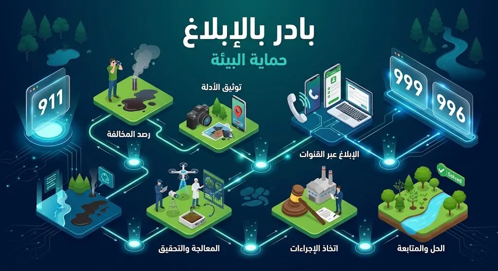 إنفوجرافيك يوضح أرقام التواصل للإبلاغ عن التجاوزات البيئية؛ 911 لمناطق محددة، و999 و996 لبقية مناطق المملكة.