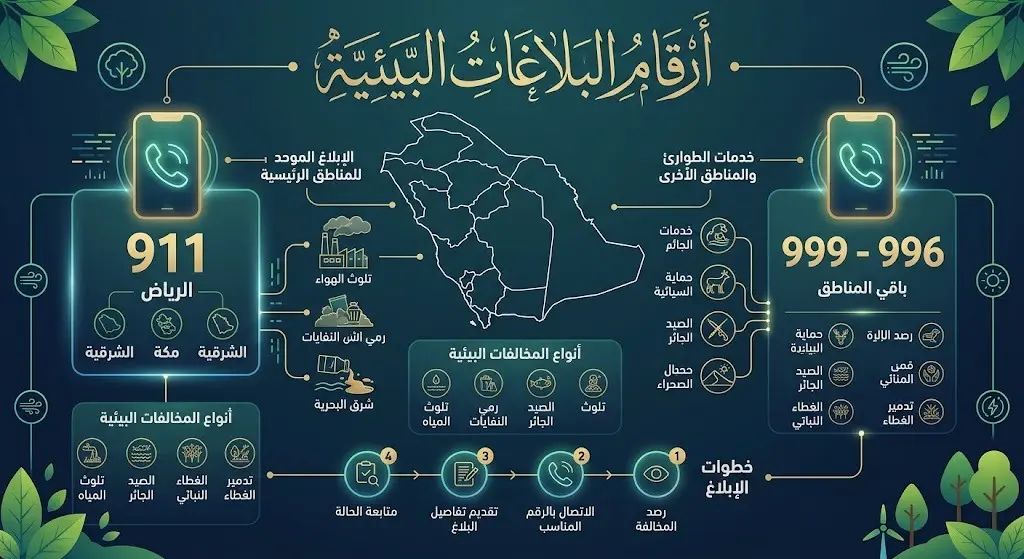 تصميم بياني يستعرض أرقام التواصل للإبلاغ عن المخالفات البيئية في مختلف مناطق المملكة