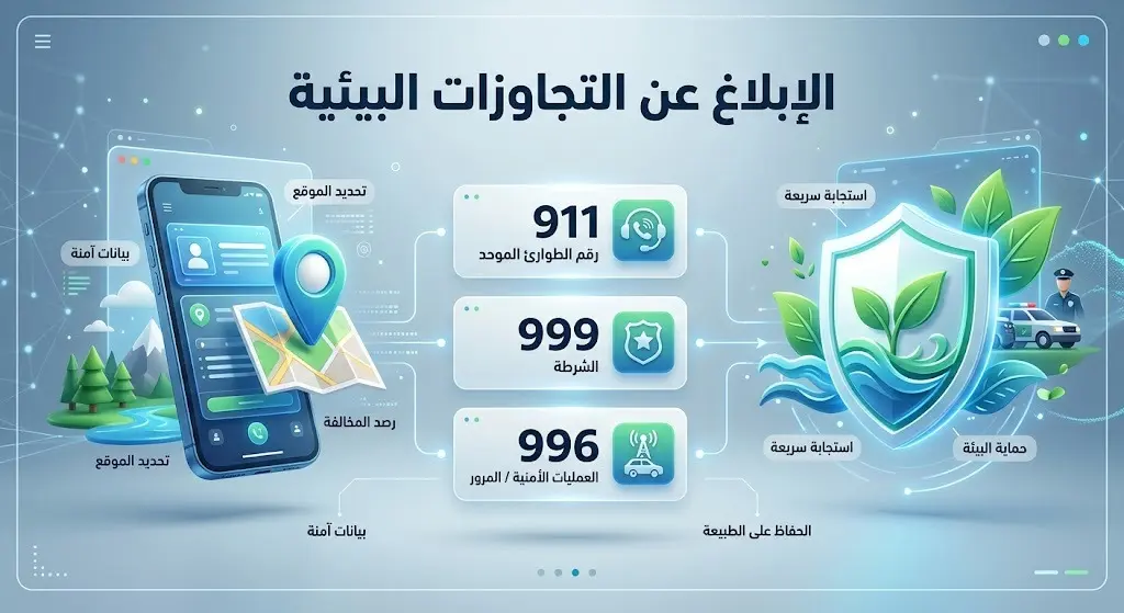 تصميم معلوماتي يستعرض أرقام الإبلاغ عن التجاوزات البيئية (911، 999، 996) في مناطق المملكة المختلفة.