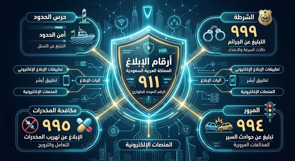 إنفوجرافيك عصري يوضح أرقام الطوارئ المخصصة للإبلاغ عن الجرائم والمخالفات الأمنية وتهريب المخدرات في مختلف المناطق.
