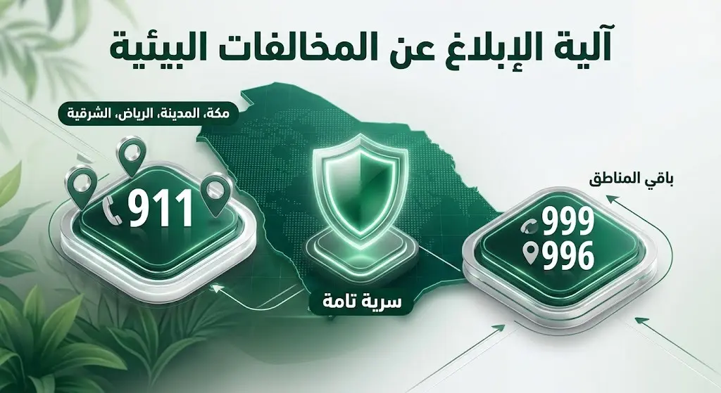 إنفوجرافيك عصري يوضح أرقام الإبلاغ عن المخالفات البيئية وتوزيعها الجغرافي في مناطق المملكة، مع إبراز رمز الدرع للتأكيد على سرية المعلومات.