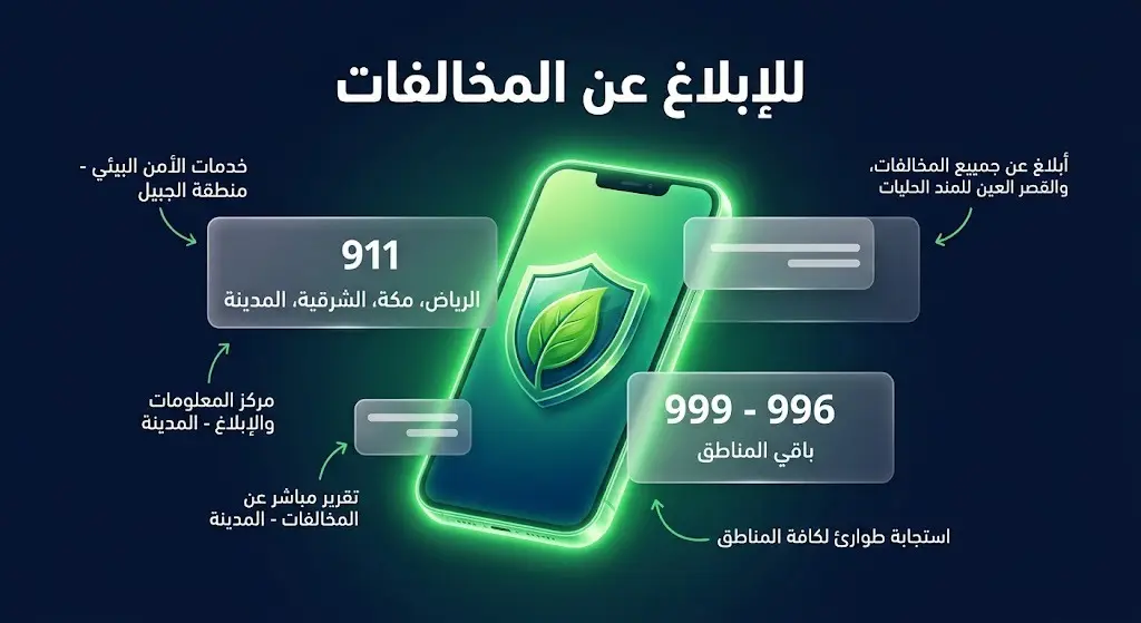 تصميم معلوماتي حديث يستعرض أرقام الطوارئ المخصصة للإبلاغ عن المخالفات البيئية في مناطق المملكة.