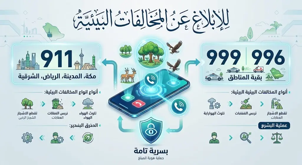إنفوجرافيك يوضح أرقام وتفاصيل الإبلاغ عن المخالفات البيئية في المملكة العربية السعودية، حيث يشمل الرقم 911 لمناطق الرياض ومكة والمدينة والشرقية، والرقمين 999 و996 لبقية المناطق.