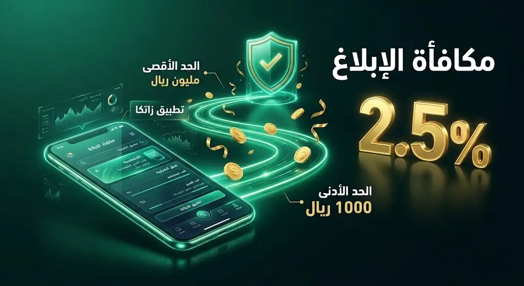 تصميم بصري يستعرض آلية الإبلاغ عن المخالفات التجارية عبر تطبيق زاتكا وتفاصيل المكافآت المالية للمبلغين.