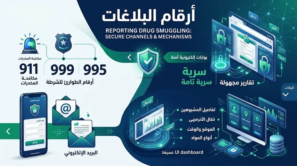 إنفوجرافيك أمني عصري يوضح أرقام قنوات الاتصال للإبلاغ عن مهربي المخدرات في السعودية مثل 911 و 999 و 995، مع التأكيد البصري على سرية وحماية البلاغات.