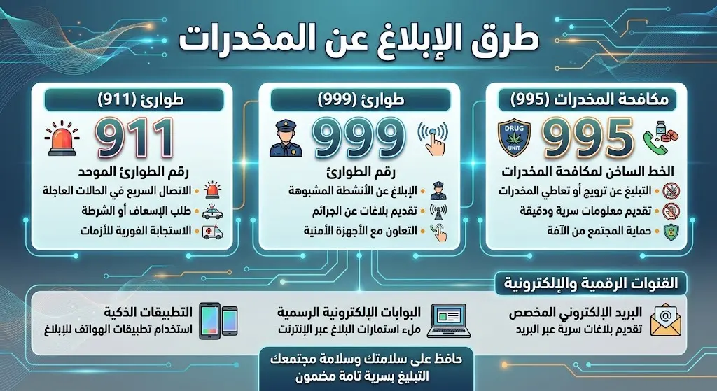 تصميم معلوماتي حديث يبرز أرقام التواصل للإبلاغ عن المخدرات 911 و 999 و 995، مدعوماً بأيقونات تواصل رقمية ونصوص عربية دقيقة ومقروءة.