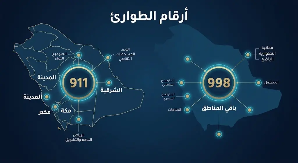 رسم بياني يوضح آلية الإبلاغ وتوزيع أرقام الطوارئ جغرافياً؛ 911 لمناطق الشرقية والرياض ومكة والمدينة، و998 لبقية المناطق.