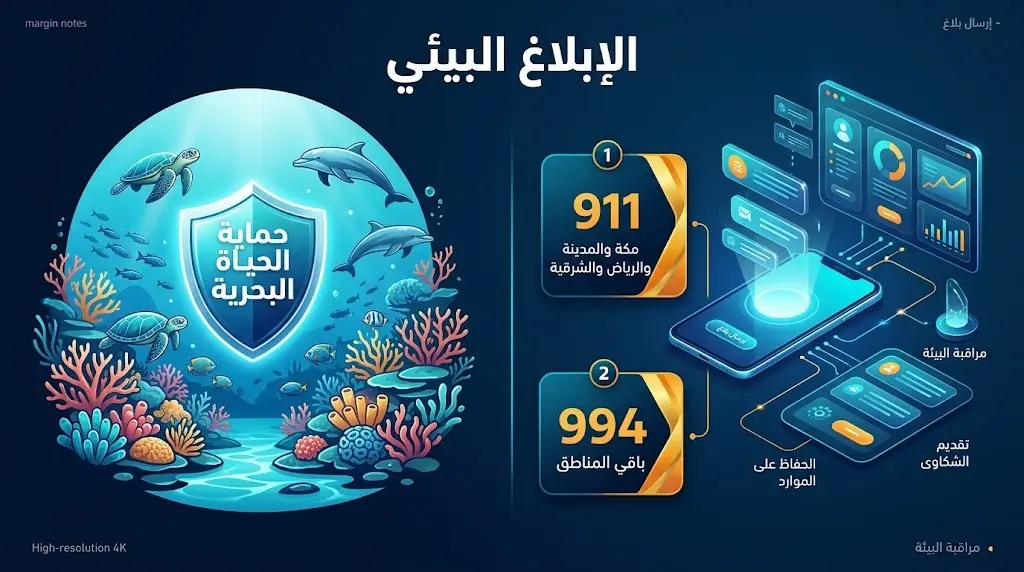 إنفوجرافيك يوضح أرقام البلاغات الخاصة بحماية الحياة الفطرية والبيئة البحرية في المملكة، مبرزاً الرقم 911 لمناطق مكة والمدينة والرياض والشرقية، والرقم 994 لبقية المناطق.