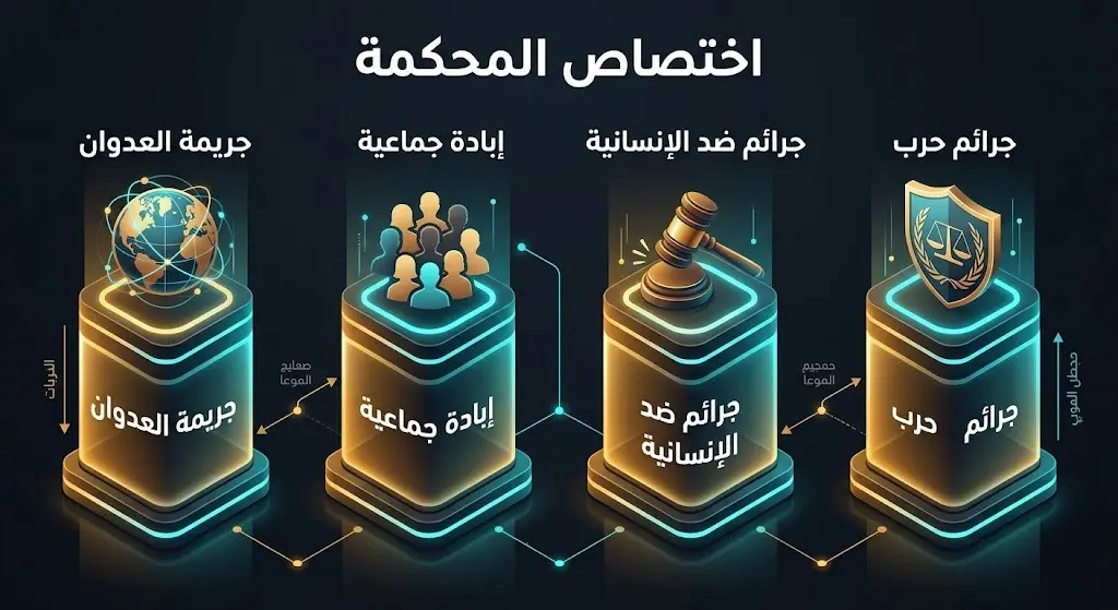 تصميم معلوماتي يبرز الجرائم الأربع التي تقع ضمن الاختصاص القضائي للمحكمة الجنائية الدولية.