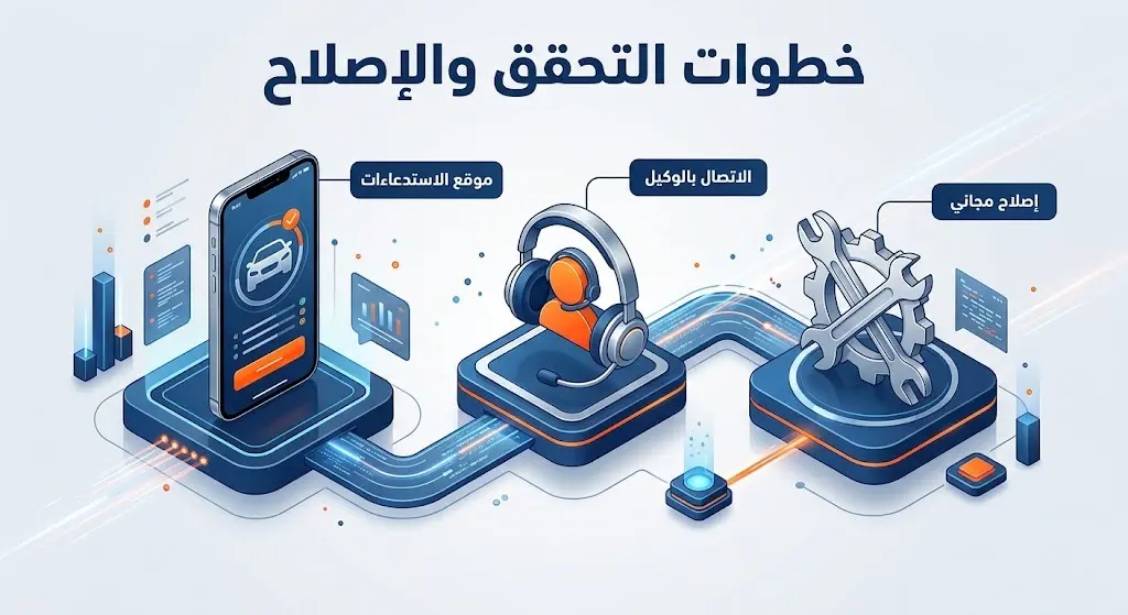 إنفوجرافيك يوضح خطوات التحقق من استدعاء مركبات سوزوكي جراند فيتارا عبر موقع الاستدعاءات والتواصل مع الوكيل لإجراء الإصلاح المجاني