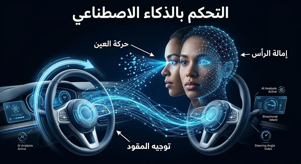 إنفوجرافيك يوضح آلية عمل نظام الذكاء الاصطناعي في قراءة حركات العين وإمالة الرأس لتوجيه مقود السيارة.