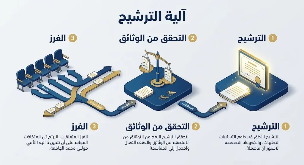 إنفوجرافيك يوضح آلية الترشيح والفرز لمنح جامعة المملكة لطلاب موهبة عبر ثلاث مراحل أساسية: الترشيح، التحقق من الوثائق، والفرز النهائي.