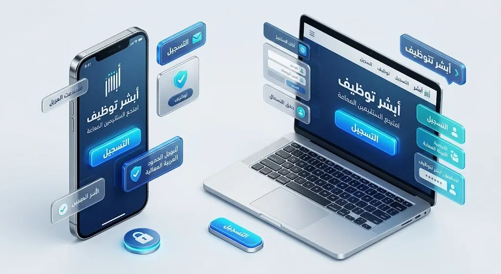 تصميم ثلاثي الأبعاد يعبر عن واجهة منصة أبشر توظيف الرقمية لتسجيل المتقدمين في الكلية الأمنية
