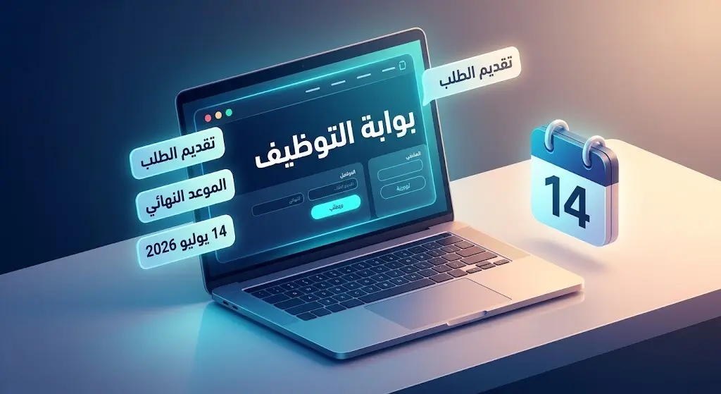تصميم رقمي إبداعي يظهر شاشة حاسوب محمول تعرض بوابة التوظيف الإلكترونية مع عناصر ثلاثية الأبعاد تبرز الموعد النهائي للتقديم.