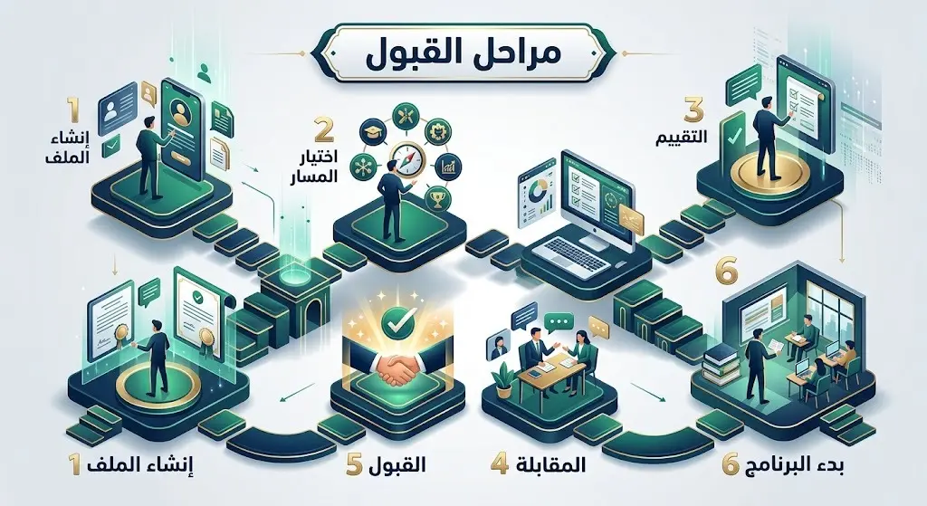 إنفوجرافيك يستعرض الخطوات الست المتسلسلة لآلية التسجيل ومراحل القبول في برنامج عزم.