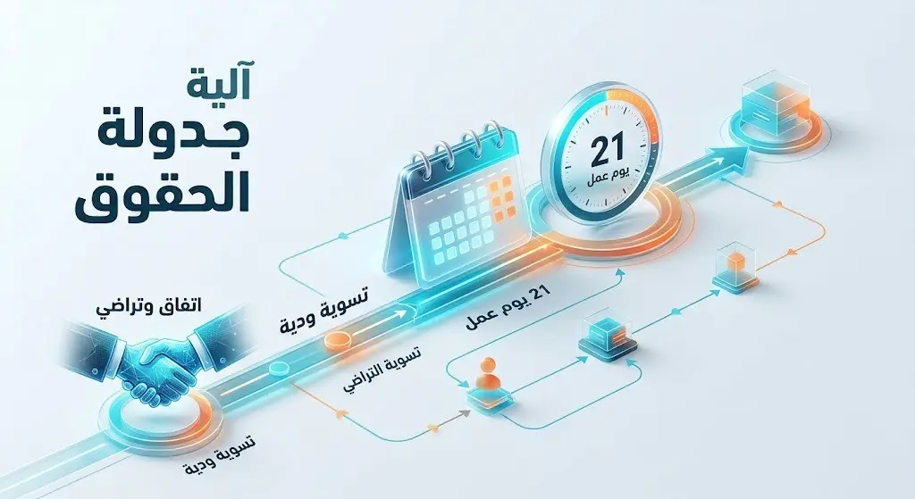 رسم بياني يوضح مسار التعامل مع الحقوق وجدولتها ضمن مسار التسوية الودية والمدة النظامية المحددة بـ 21 يوم عمل.