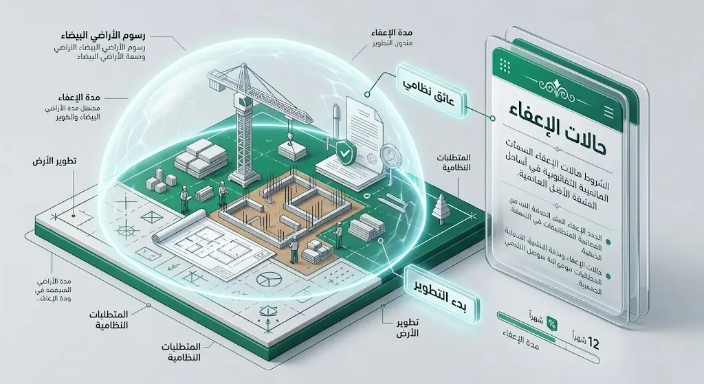مشهد تعبيري يصور أرضاً بيضاء محمية بدرع مضيء وبداخلها مخططات بناء، للدلالة على الإعفاءات من الرسوم كالبدء بالتطوير أو وجود موانع نظامية.