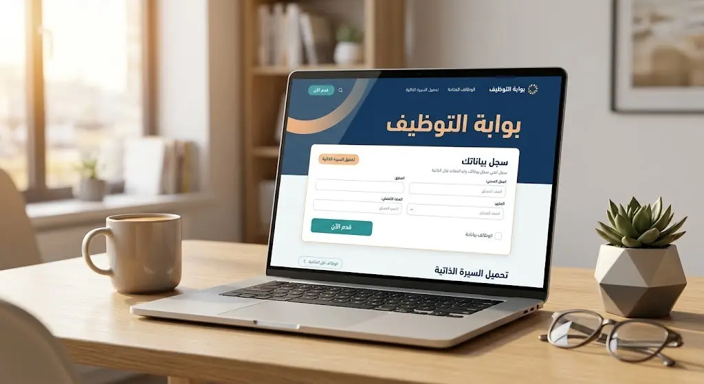 تصميم رقمي يعبر عن آلية التقديم الإلكتروني السلسة للوظائف عبر الأجهزة الذكية وبوابة التوظيف الرسمية.