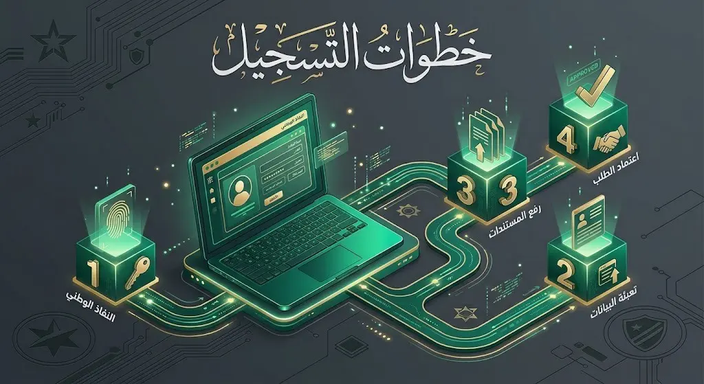 تصميم يوضح خطوات التقديم الإلكتروني عبر بوابة كلية الملك خالد العسكرية والنفاذ الوطني.