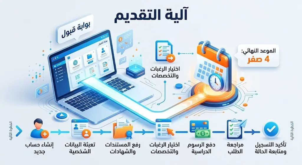تصميم بياني يستعرض خطوات التقديم عبر منصة قبول الموحد ويوضح موعد انتهاء التسجيل في الرابع من صفر.