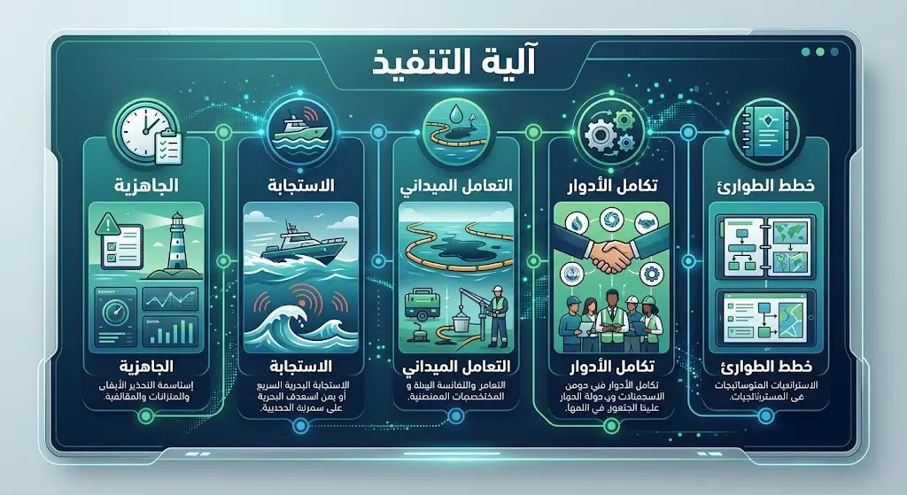 رسم بياني حديث يستعرض الخطوات الخمس المعتمدة لآلية تنفيذ خطط الطوارئ البيئية، بدءاً من الجاهزية وحتى تطبيق الخطط الوطنية.