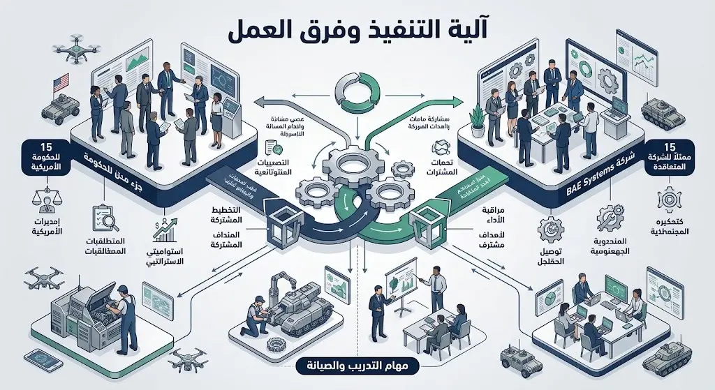تصميم معلوماتي يوضح توزيع فريق العمل المشترك لتنفيذ الصفقة بواقع 15 ممثلاً للحكومة الأمريكية و15 ممثلاً لشركة BAE Systems.