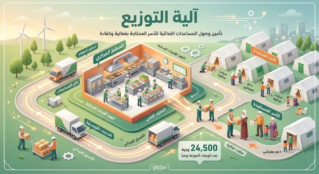 إنفوجرافيك يوضح آلية تجهيز وتوزيع 24,500 وجبة غذائية ساخنة من المطبخ المركزي إلى الأسر المحتاجة في غزة.