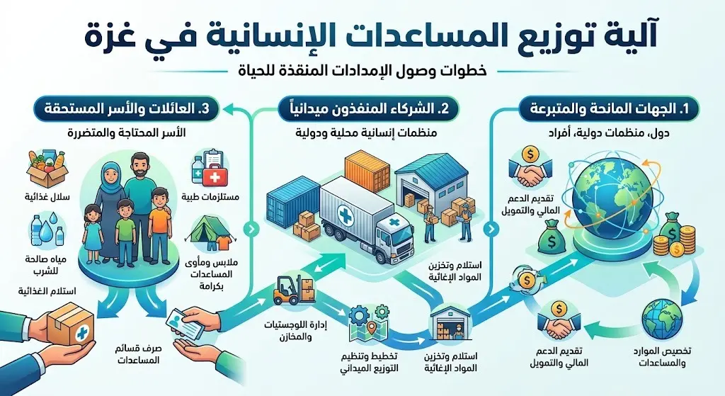إنفوجرافيك يوضح آلية توزيع المساعدات الإنسانية في غزة بالشراكة مع الجهات المنفذة ميدانياً لضمان وصولها للمستفيدين.