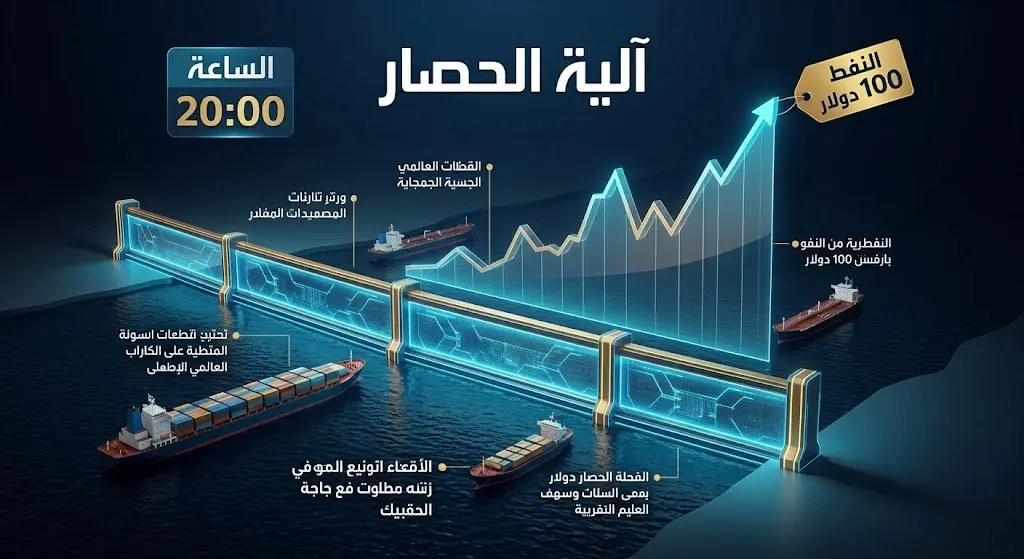 تصميم إنفوجرافيك يبرز تفاصيل الحصار البحري الأمريكي الشامل وتأثيره المباشر على أسعار النفط العالمية