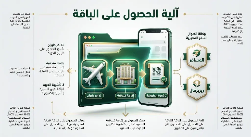إنفوجرافيك يوضح آلية دمج تذاكر الطيران والإقامة والتأشيرة الإلكترونية عبر الوكالات المعتمدة.