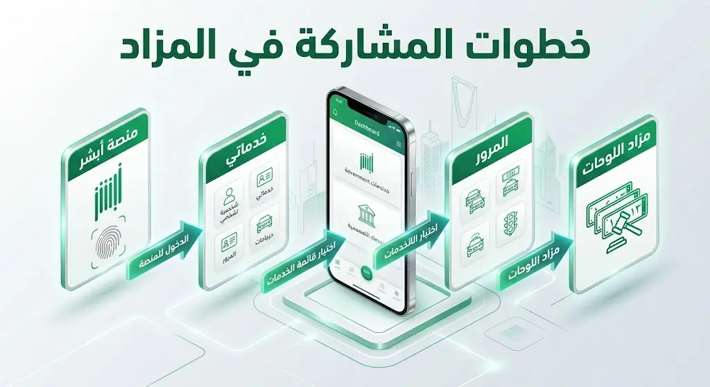 إنفوجرافيك رقمي يوضح الخطوات الأربع المتسلسلة للمشاركة في مزاد اللوحات الإلكتروني عبر منصة أبشر.