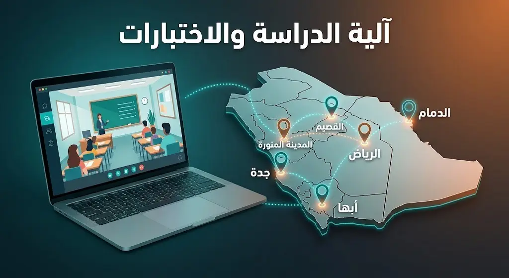 تصميم إنفوجرافيك يوضح دمج التعلم الإلكتروني عن بُعد مع خريطة تبرز مراكز الاختبارات النهائية الموزعة في ست مدن سعودية رئيسية.