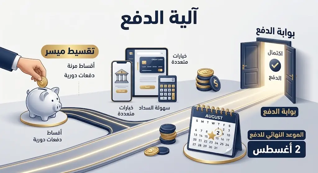 تصميم مرئي يوضح خيارات السداد الميسرة وتقسيط الرسوم الدراسية مع إبراز الموعد النهائي للدفع في 2 أغسطس.
