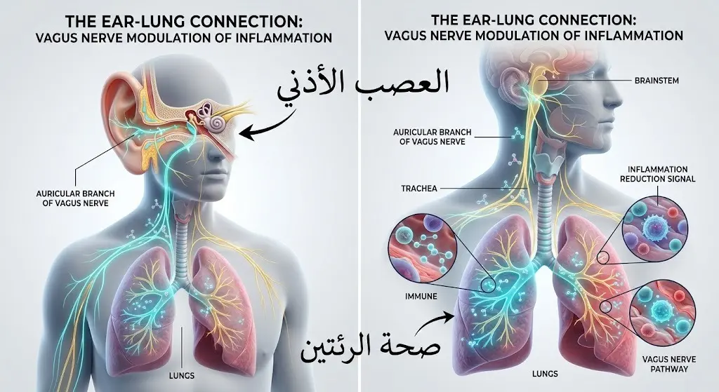 إنفوجرافيك طبي ثلاثي الأبعاد يوضح مسار العصب الأذني الواصل إلى الرئتين وكيفية تقليل الالتهابات التنفسية.