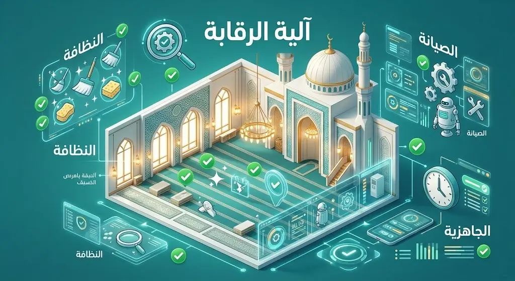 تصميم إنفوجرافيك تعبيري يجسد آلية عمل الفرق الإشرافية في متابعة أعمال الصيانة والنظافة داخل المساجد والتحقق من جاهزيتها المستمرة.