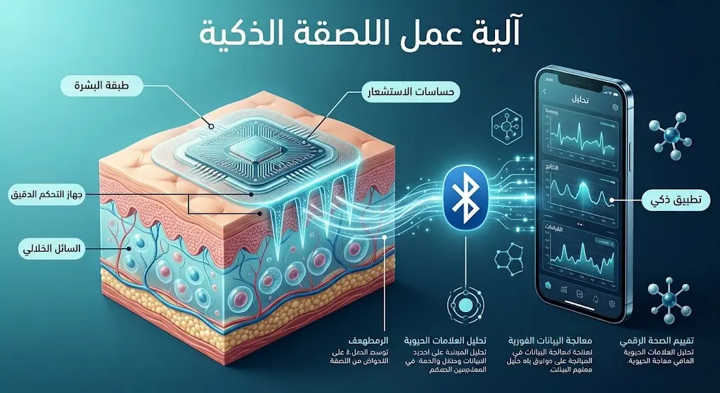 رسم توضيحي ثلاثي الأبعاد يعرض مقطعاً عرضياً للجلد يوضح آلية عمل اللصقة الذكية ذات الإبر المجهرية ونقلها للبيانات لاسلكياً إلى هاتف ذكي.