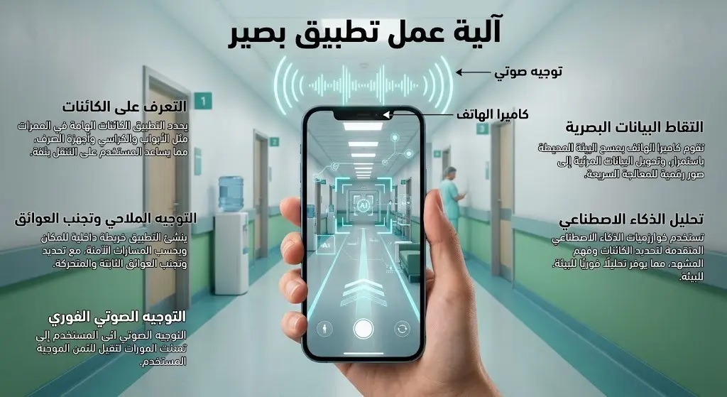 رسم توضيحي لآلية عمل تطبيق بصير الذي يستخدم كاميرا الهاتف الذكي والتوجيه الصوتي لمساعدة ذوي الإعاقة البصرية على التنقل داخل أروقة المستشفيات.