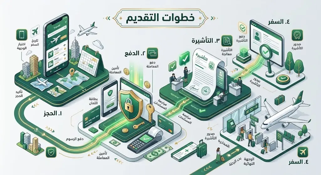 إنفوجرافيك يوضح خطوات التقديم الأربع للحصول على تأشيرة الباقات السياحية السعودية بدءاً من الحجز وحتى استلام الوثائق.
