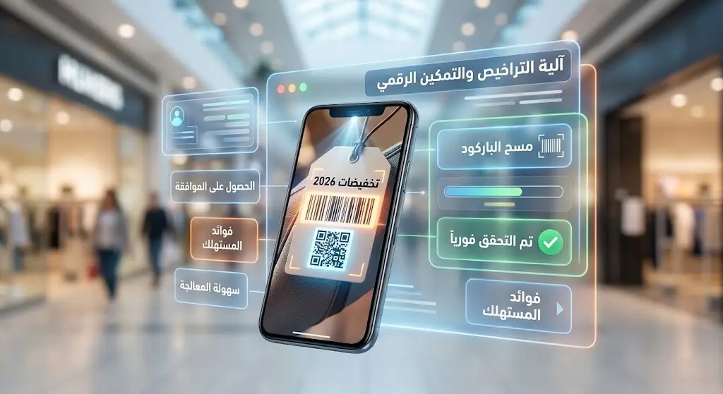 مشهد ثلاثي الأبعاد يعبر عن استخدام الهاتف الذكي لمسح باركود التحقق من تراخيص التخفيضات عبر منصة إلكترونية