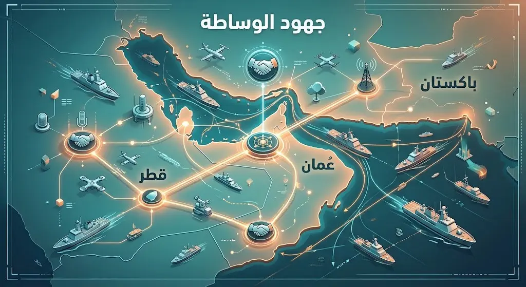 تصميم بياني يستعرض الآلية البحرية المشتركة وجهود الوساطة الدبلوماسية التي تقودها عُمان وقطر وباكستان لاحتواء الأزمة