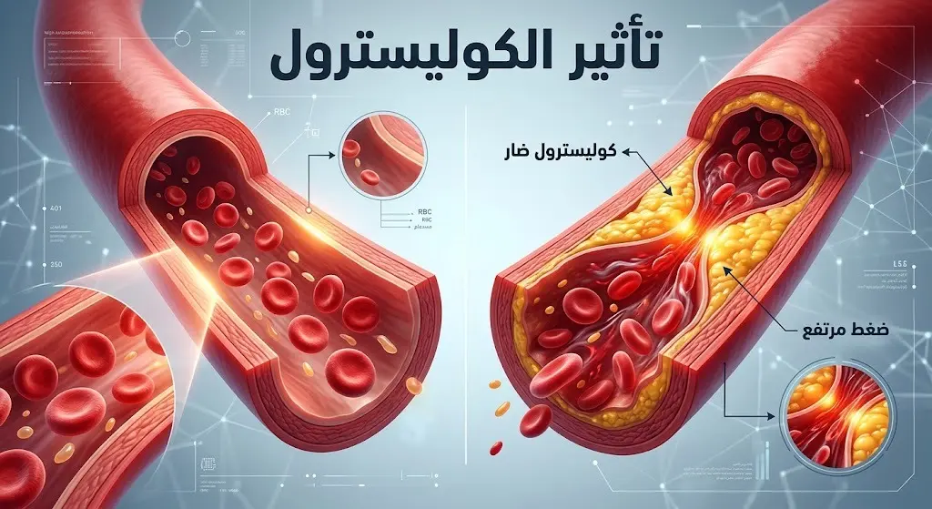 إنفوجرافيك طبي ثلاثي الأبعاد يوضح تراكم الكوليسترول الضار داخل الشريان وكيفية تسببه في تضييق المجرى الدموي وارتفاع ضغط الدم.