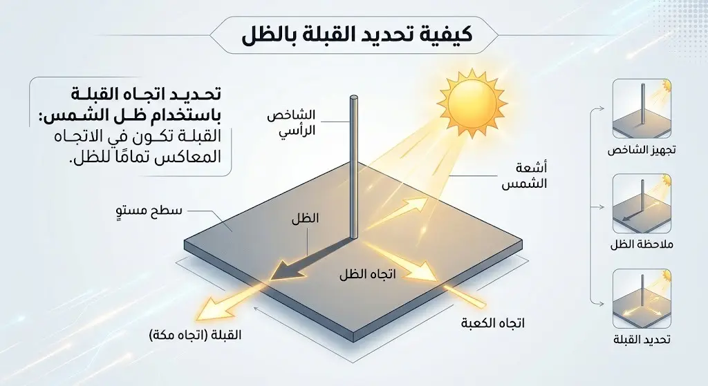 رسم توضيحي يشرح كيفية استخدام ظل الأجسام الرأسية وقت تعامد الشمس لتحديد اتجاه القبلة