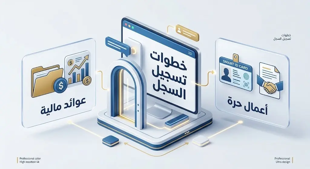 إنفوجرافيك يوضح خطوات تسجيل السجلات التجارية والإفصاح عن الدخل في برنامج حساب المواطن.
