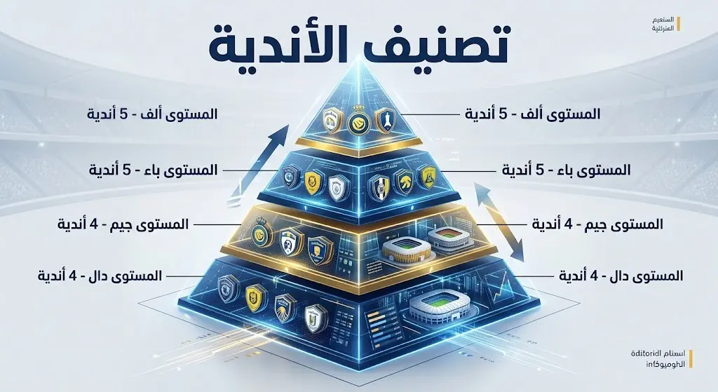 إنفوجرافيك هرمي يوضح مستويات الأندية الأربعة في دوري روشن وأعدادها بناءً على التقييم.