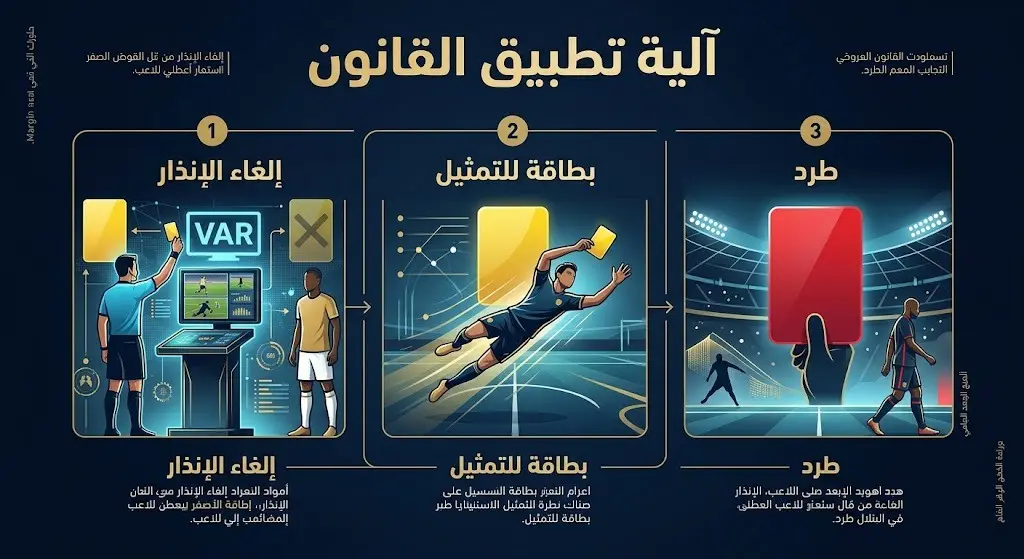 إنفوجرافيك يوضح خطوات تطبيق قانون تحديد الهوية الخاطئة في كرة القدم، بدءاً من إلغاء الإنذار وصولاً إلى إشهار البطاقة الحمراء.