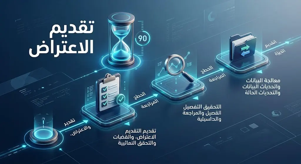تصميم توضيحي يشرح آلية وخطوات تقديم الاعتراض على نتائج أهلية حساب المواطن خلال المدة المحددة بـ 90 يوماً.