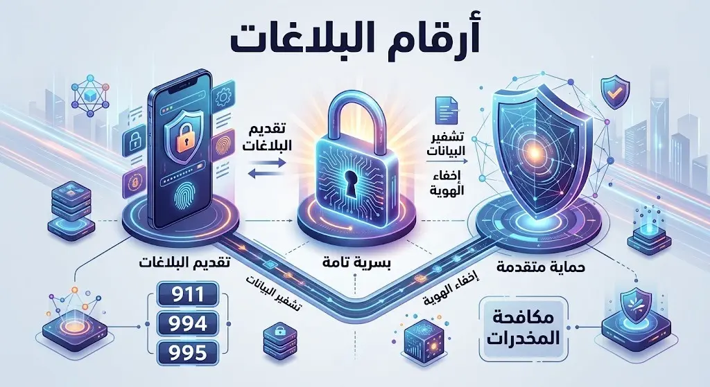 إنفوجرافيك يستعرض أرقام التواصل للإبلاغ عن المخدرات مثل 911 و995، مع التأكيد على سرية البلاغات.