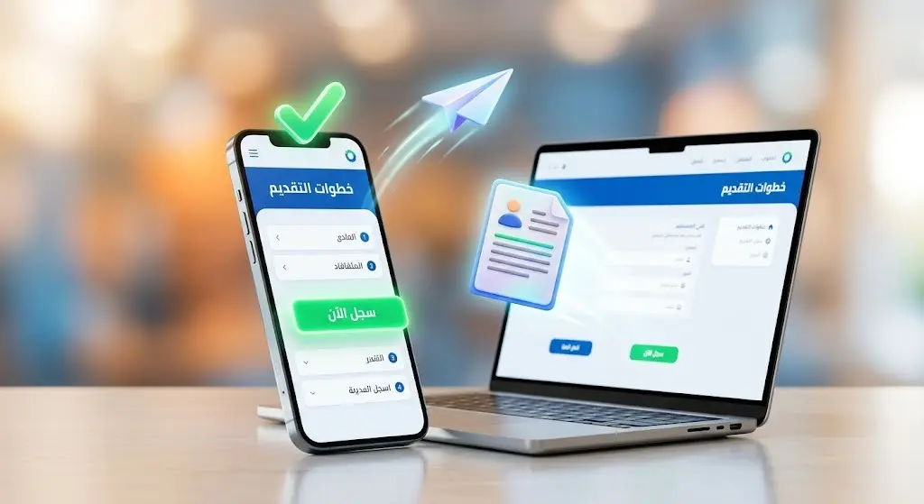 رسم توضيحي ثلاثي الأبعاد يعرض أجهزة ذكية وواجهة مستخدم رقمية لتقديم طلبات التوظيف إلكترونياً.